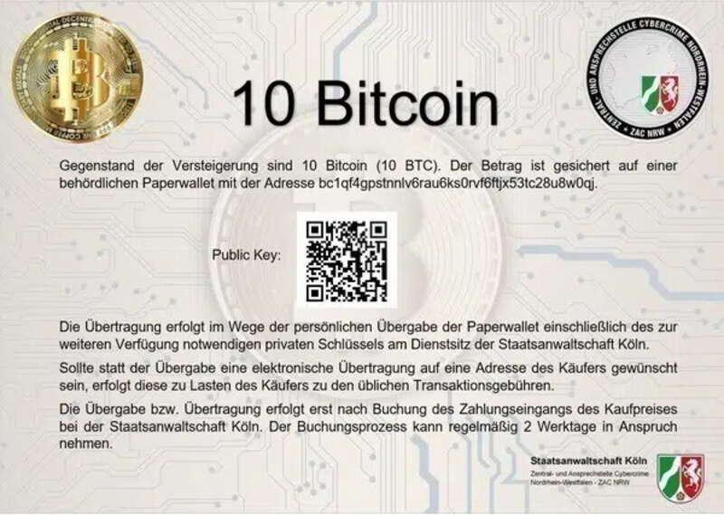 El Ministerio de Justicia en Renania del Norte-Westfalia abre subasta de Bitcoin.