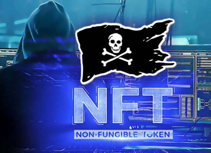 Un pirata informático de Australia copió todo el archivo de NFT que estaba en Ethereum y Solana. Composición gráfica con una bandera pirata y el logo de NFT.