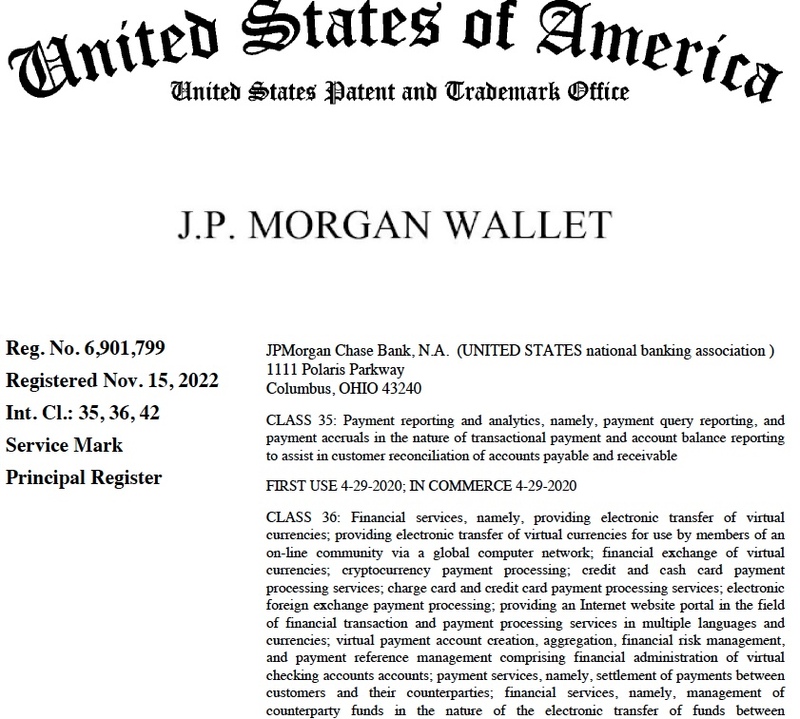 El banco JP Morgan ha registrado su marca para una wallet.
