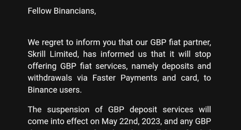 Las transacciones de GBP en Binance quedarán suspendidas desde mayo.