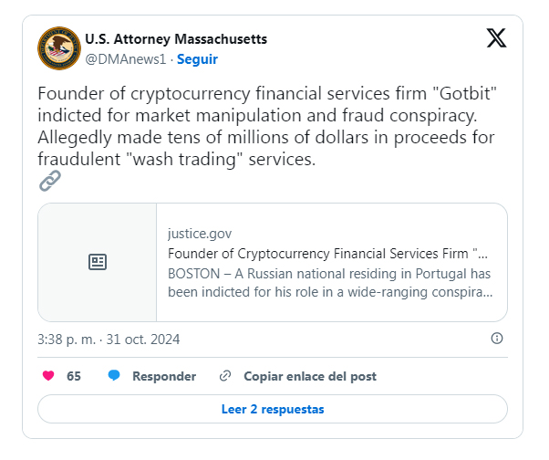 El DOJ investiga a Gotbit y otras empresas por lavado de dinero. 