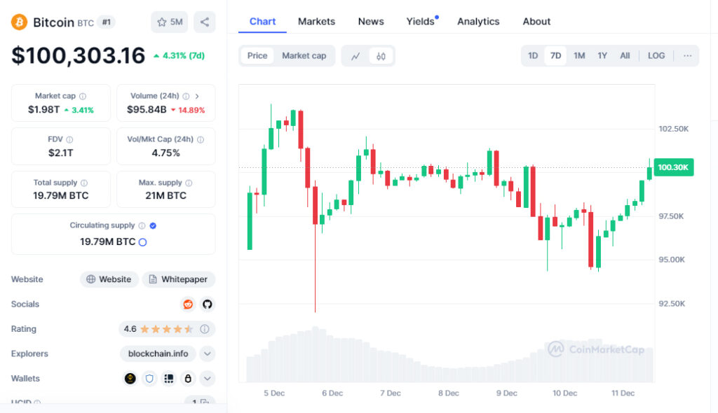 Precio de Bitcoin 11 de diciembre de 2024 - 11:30 am / CoinMarketCap